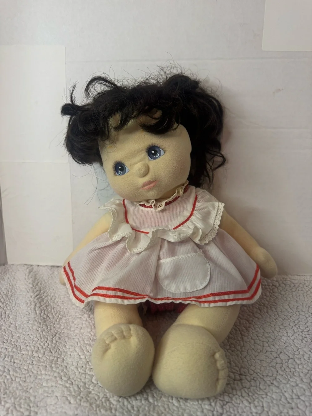 Vintage 1985 Mattel My Child Doll Blue Eyes Dark Hair Red White Doll Clothing